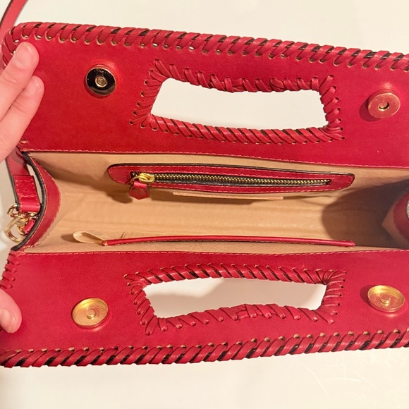 RARE Shazel Red Hand-Tooled Leather Cutout Handel Handbag Crossbody Clutch Bag - Picture 6 of 12